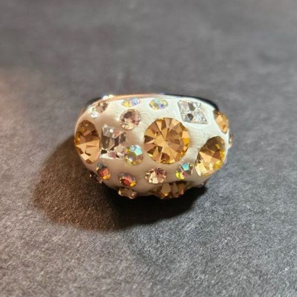 Preciosa Czech Crystal ring size 7.5 white orange iridescent